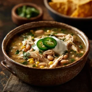 An extreme close-up of a rustic ceramic bowl filled with hearty salsa verde chicken chili, showing chunks of tender chicken and white beans.