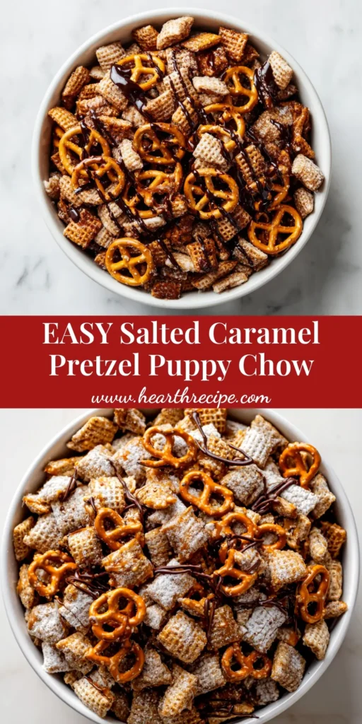 A large bowl of Salted Caramel Pretzel Puppy Chow, showing the sweet and salty Chex mix coated in powdered sugar.