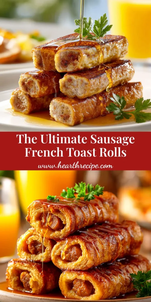 A shareable pin image for Sausage French Toast Roll-Ups, showing a stack of golden-brown roll-ups with text overlay for Pinterest.