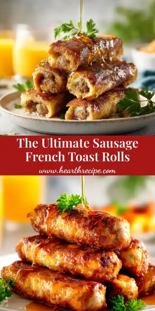 Sausage French Toast Roll-Ups: The Perfect Sweet & Savory Breakfast 4 A stack of golden-brown Sausage French Toast Roll-Ups on a white plate, drizzled with maple syrup and dusted with powdered sugar. The perfect sweet and savory breakfast idea.