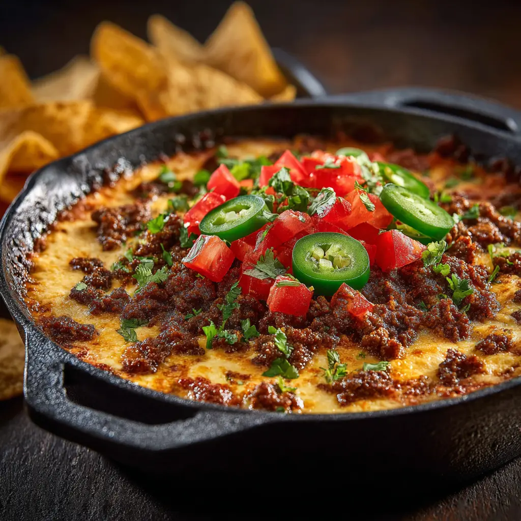 A bowl of finished sausage queso dip surrounded by tortilla chips for dipping.