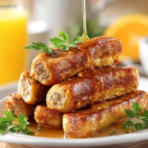 A close-up shot of several Sausage French Toast Roll-Ups stacked on a white plate, ready to be served for breakfast.