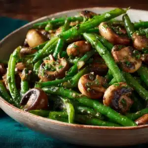 An extreme close-up shot of sautéed green beans in a pan, glistening with melted butter and minced garlic.