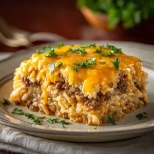 A serving of savory ground beef and rice bake on a plate, topped with golden-brown melted cheese.