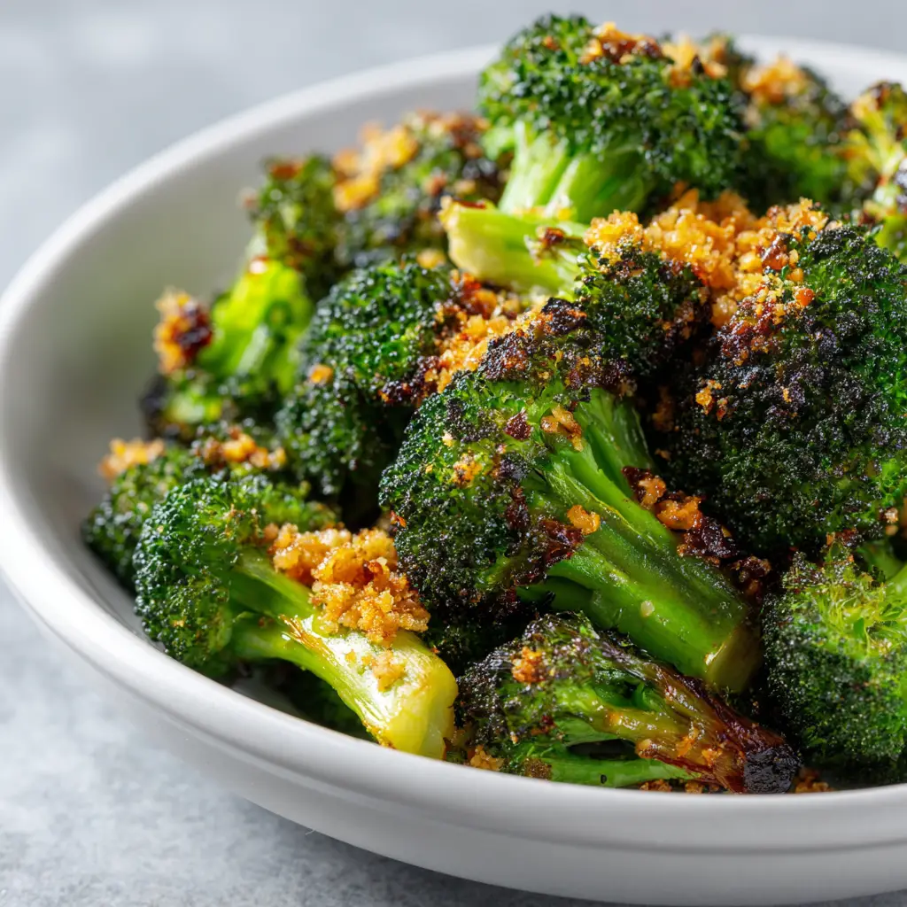 A bowl of freshly made air fryer broccoli florets seasoned with salt and pepper.