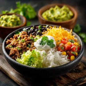 A close-up shot of the seasoned ground beef for a homemade taco bowl, showing the rich texture and spices.