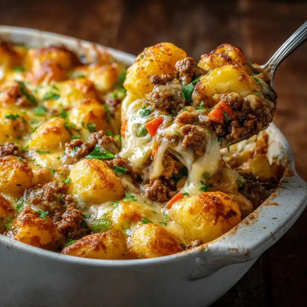 A scoop of the cheesy ground beef and potato casserole on a spatula, revealing the creamy layers of meat, potatoes, and sauce inside.
