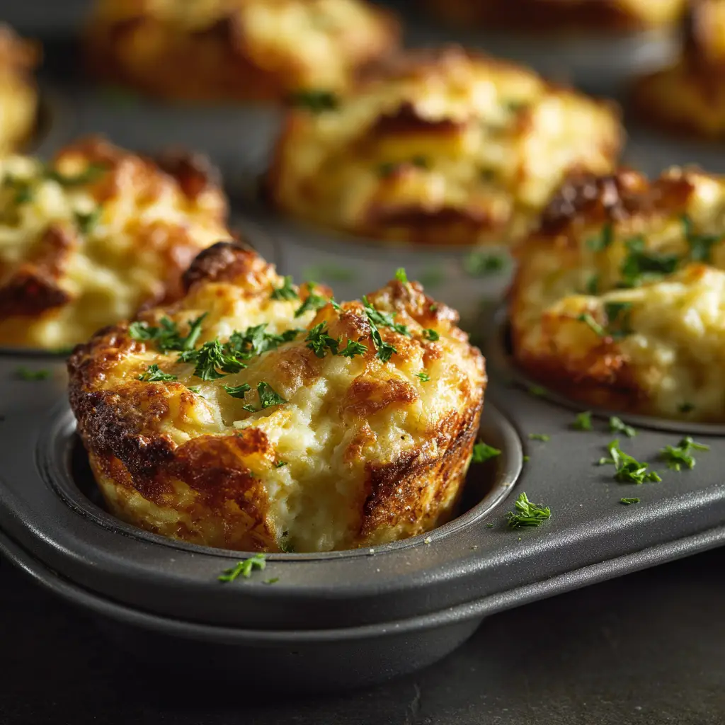 A plate of savory potato cakes ready to be served, garnished with fresh herbs.