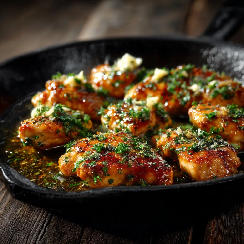 A spoonful of Cowboy Butter Chicken Bites being lifted from a skillet, showing the rich sauce and fresh herbs coating the juicy chicken.