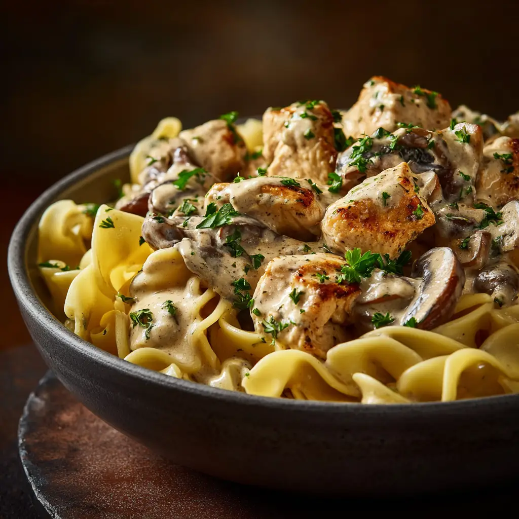 A serving of Creamy Chicken Stroganoff being plated over a bed of fluffy egg noodles.