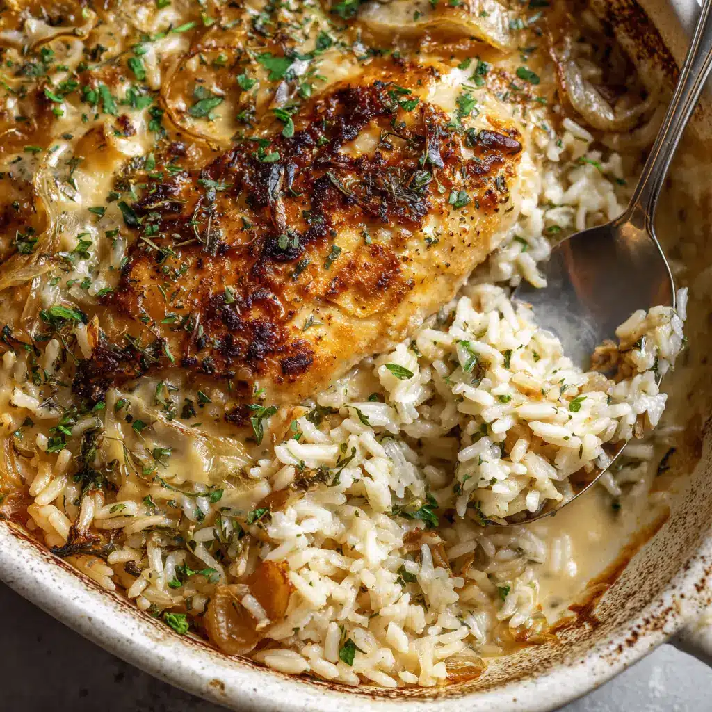 Dump and Bake Chicken and Rice: The Easiest One-Pan Dinner 1 A spoonful of the dump and bake chicken and rice being lifted from the casserole dish, highlighting the savory sauce and ingredients.