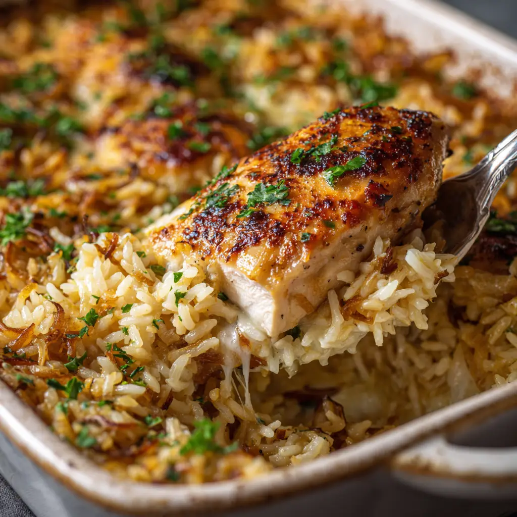 Dump and Bake Chicken and Rice (Effortless & Creamy) 1 A spoonful of the finished dump and bake chicken and rice being lifted from the casserole dish.