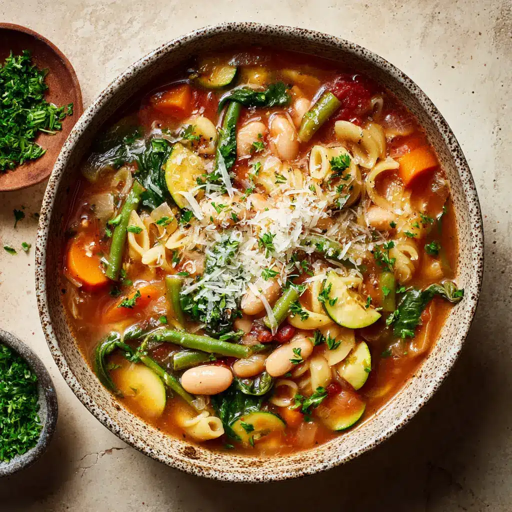 A beautiful display of healthy minestrone soup being served, with a spoon lifting a hearty portion from the bowl. This image showcases the soup's comforting and ready-to-eat appeal.