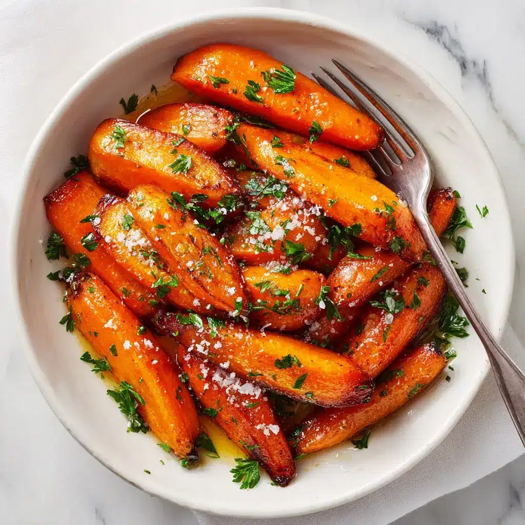 A serving of honey roasted carrots garnished with fresh parsley on a dinner plate, ready to be enjoyed as a simple carrot side dish.