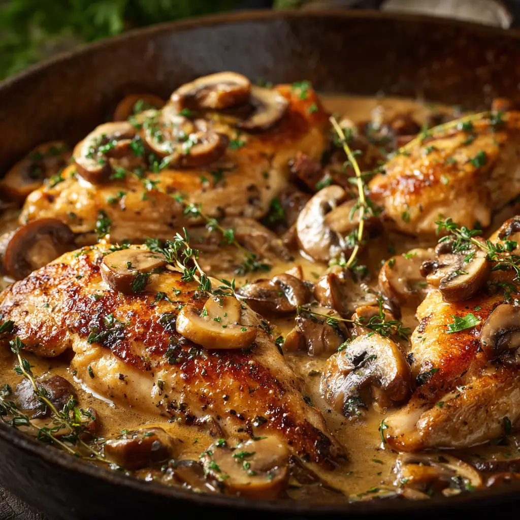 A plate of tender chicken marsala served over egg noodles, ready to eat, illustrating a perfect serving suggestion.
