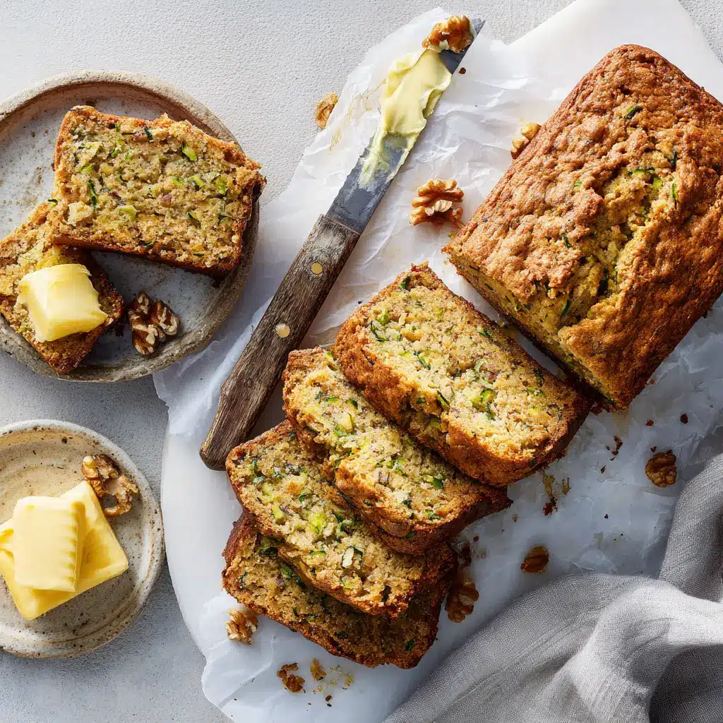 A close-up slice of easy gluten-free zucchini bread on a plate, showing the flecks of green zucchini within the soft bread.