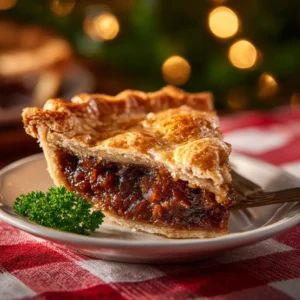 A perfect slice of homemade mincemeat pie on a white plate, showing the rich fruit mince filling and flaky pie crust.