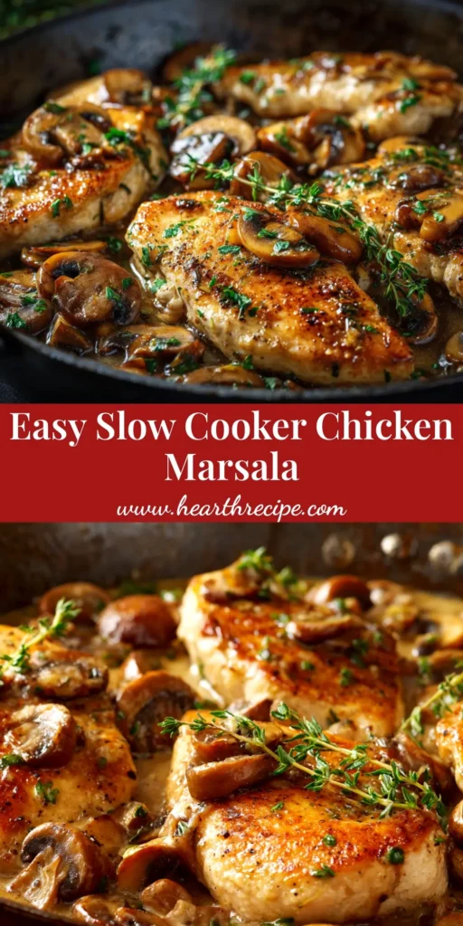 An overhead shot of Slow Cooker Chicken Marsala served in a rustic bowl over mashed potatoes, garnished with fresh parsley.