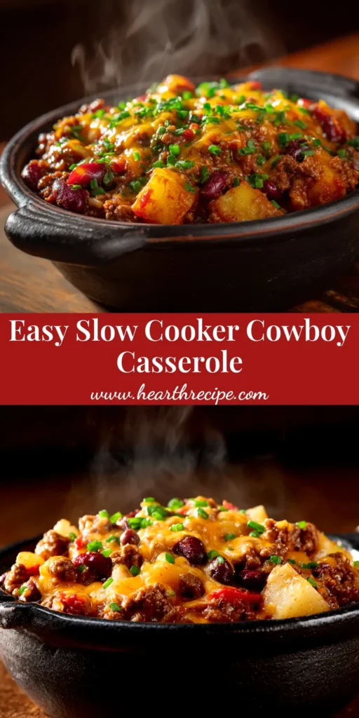 A delicious Slow Cooker Cowboy Casserole in a white serving dish, showing the cheesy tater tot topping and savory beef filling. Perfect for an easy weeknight dinner.
