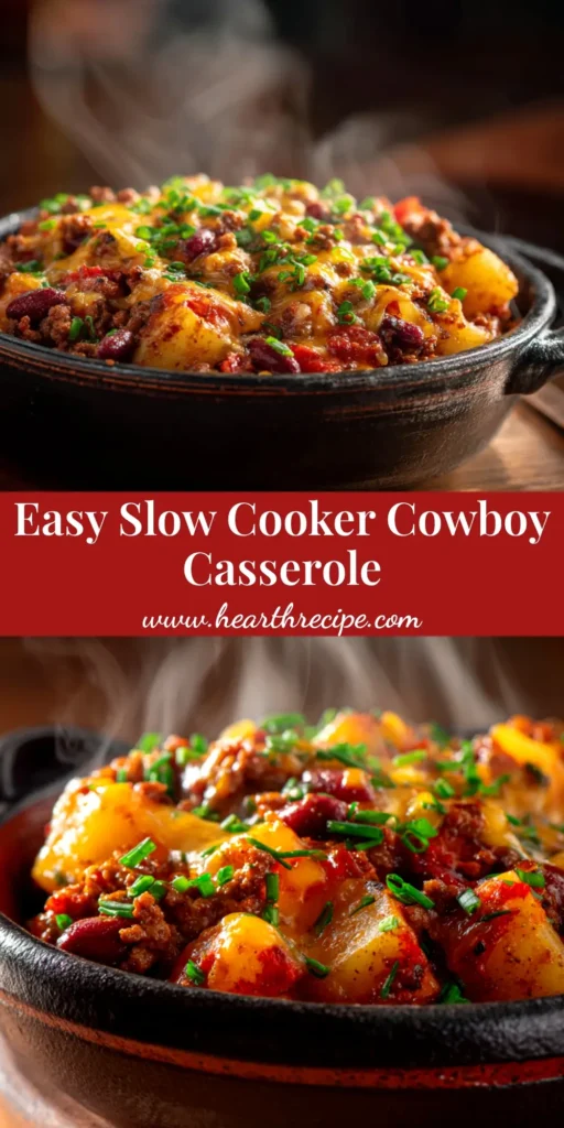 Slow Cooker Cowboy Casserole (The Ultimate Comfort Food!) 3 A delicious Slow Cooker Cowboy Casserole in a white serving dish with a spoonful being taken out, showcasing the cheesy tater tot topping and hearty beef filling.