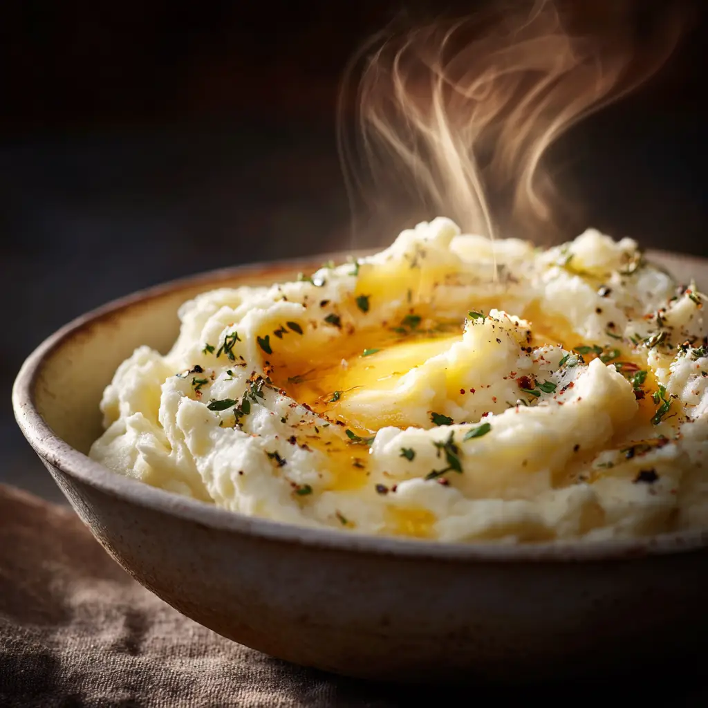 Gouda Mashed Potatoes: The Ultimate Creamy & Cheesy Recipe 1 A rustic white bowl filled with smoked Gouda mashed potatoes, ready for a Thanksgiving dinner.
