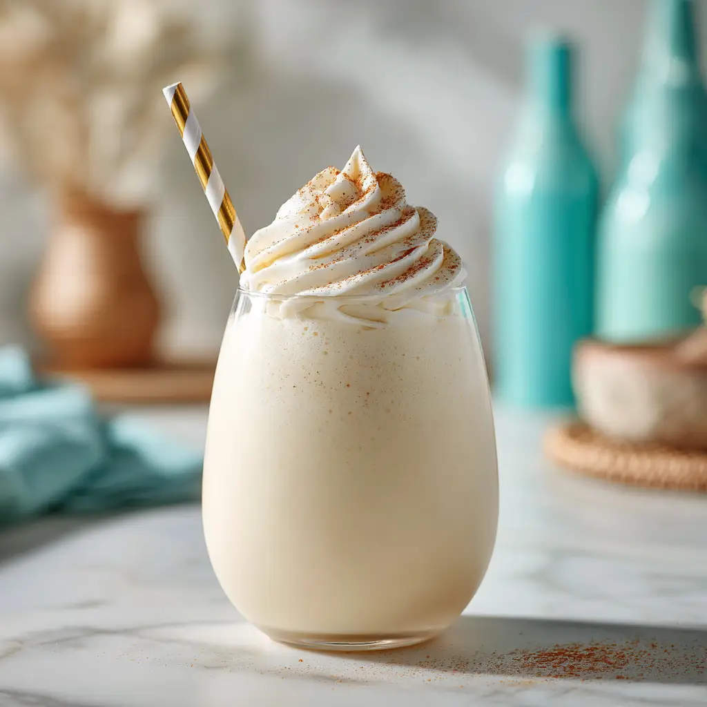 Two glasses of spiced eggnog milkshakes topped with whipped cream, garnished with cinnamon sticks for a festive look.