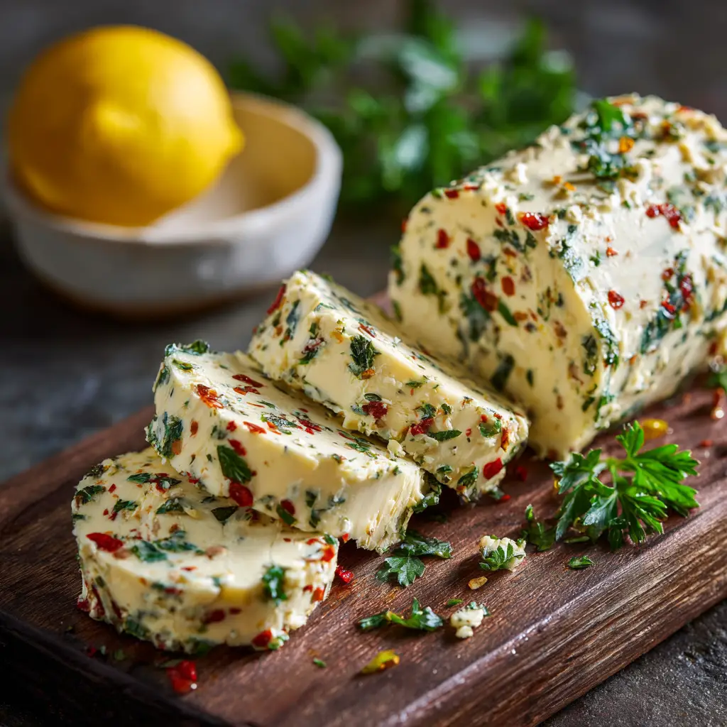 A log of solidified cowboy butter, sliced to show the herbs and spices within. This showcases how to store and serve the compound butter.