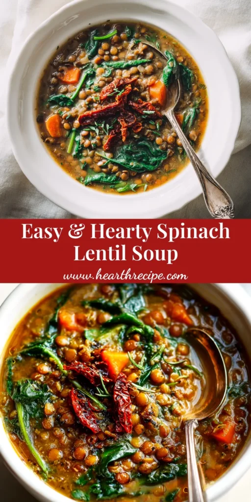 A vibrant and hearty Spinach Lentil Soup in a rustic white bowl, garnished with fresh herbs. The perfect healthy one-pot meal.