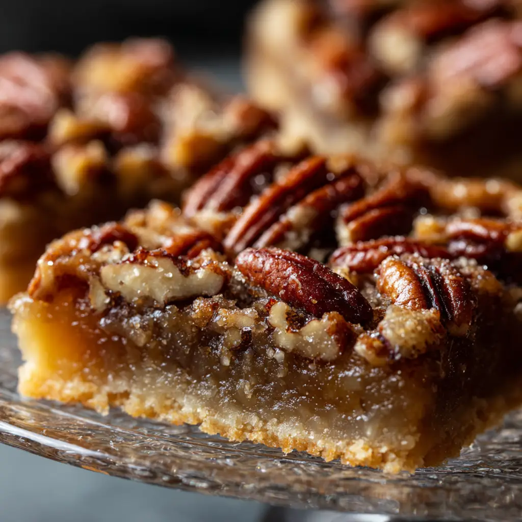 A stack of homemade pecan pie bars on a white plate, ready to be served for a holiday gathering.