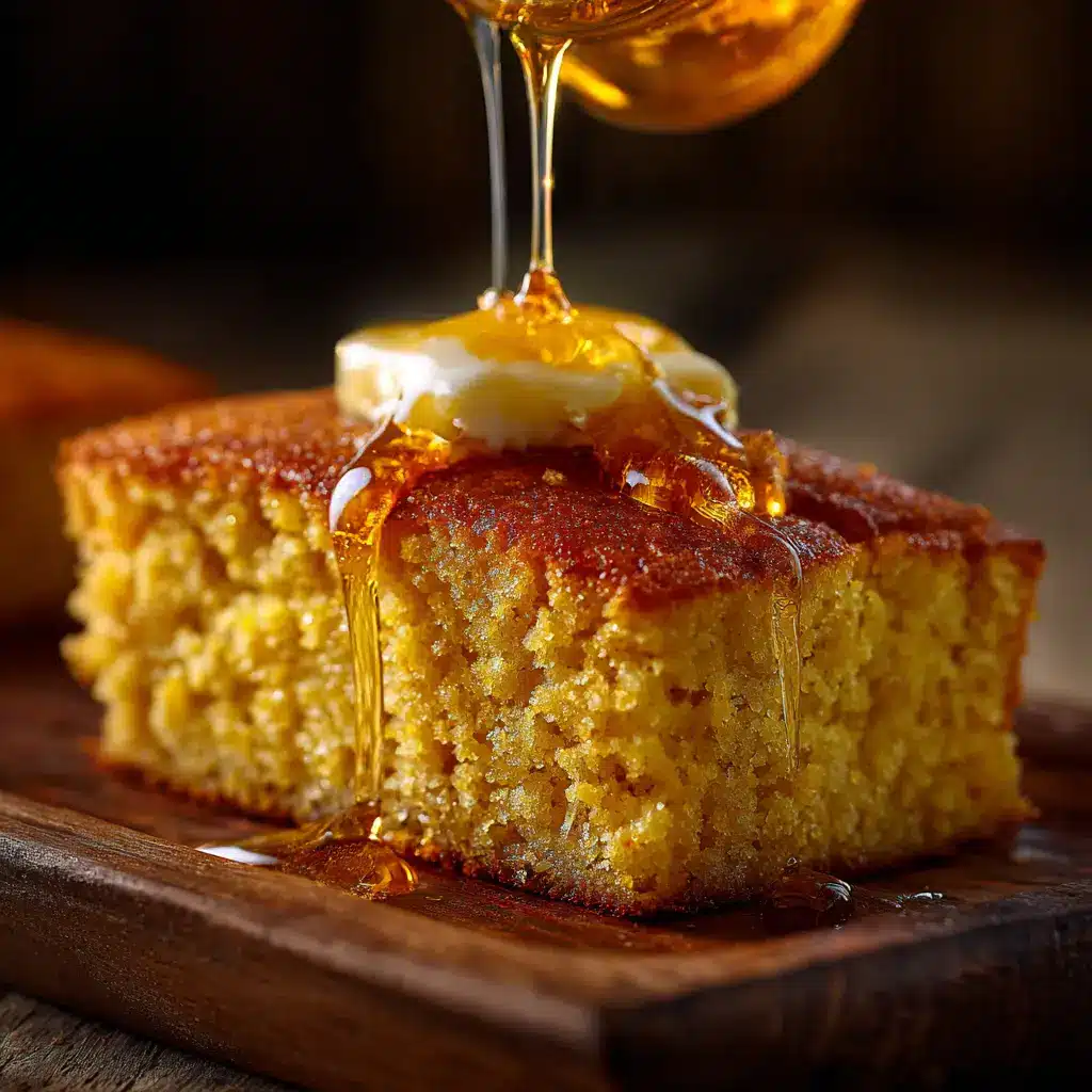 A golden-brown square of fluffy honey cornbread in a baking dish, ready to be served.