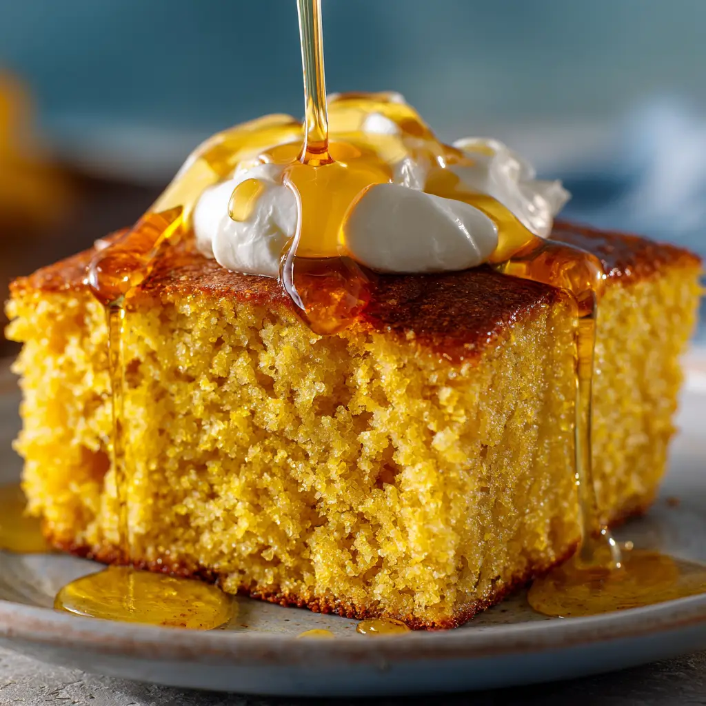 Fluffy Honey Cornbread Recipe (That's Never Dry!) 1 A delicious square of sweet honey cornbread served warm with a melting pat of butter on top.