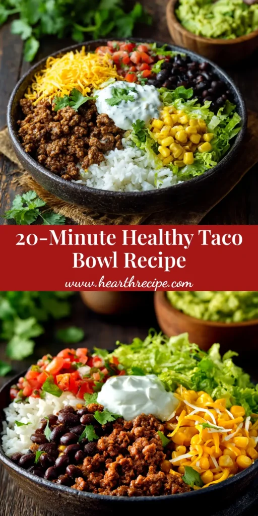 An amazing and easy taco bowl recipe, loaded with seasoned ground beef, black beans, corn, and fresh toppings. The perfect healthy dinner idea.