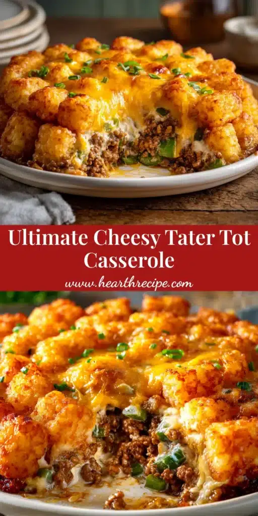 A delicious and easy Tater Tot Casserole recipe shown in a baking dish with a serving scooped out, revealing the cheesy ground beef filling. The topping is golden brown and crispy.