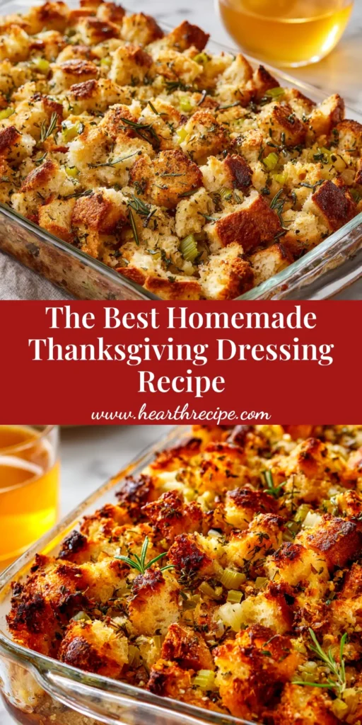 A close-up shot of a golden-brown baked Thanksgiving Dressing Recipe in a white baking dish, ready to be served for a holiday meal.
