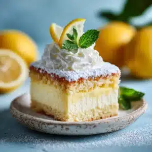 A perfect square slice of three-layer lemon cake on a dessert plate. The distinct separation between the custard bottom and sponge top is clearly visible.
