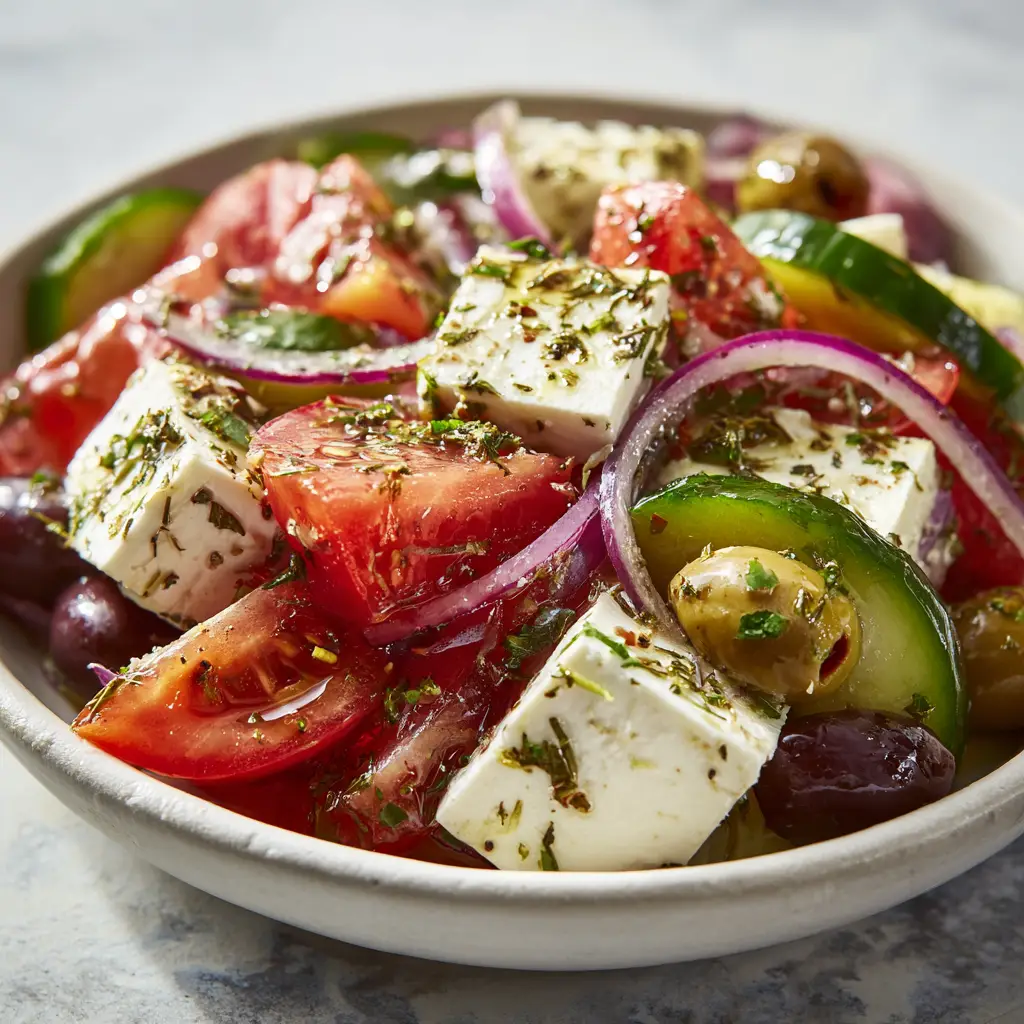 A beautiful serving of traditional Greek village salad in a ceramic bowl, ready to be served as a healthy lunch or side dish.