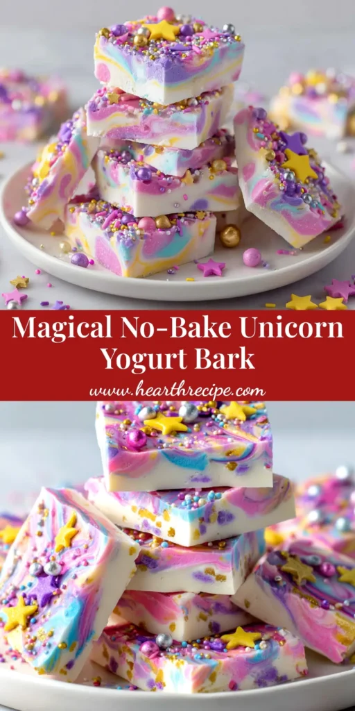 A close-up shot of beautifully swirled pink, purple, and blue unicorn yogurt bark pieces, topped with colorful sprinkles and ready to eat.