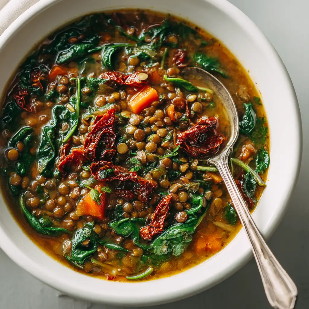 A comforting bowl of vegan lentil soup, with fresh spinach stirred in. The perfect one-pot dinner idea for a cozy evening.