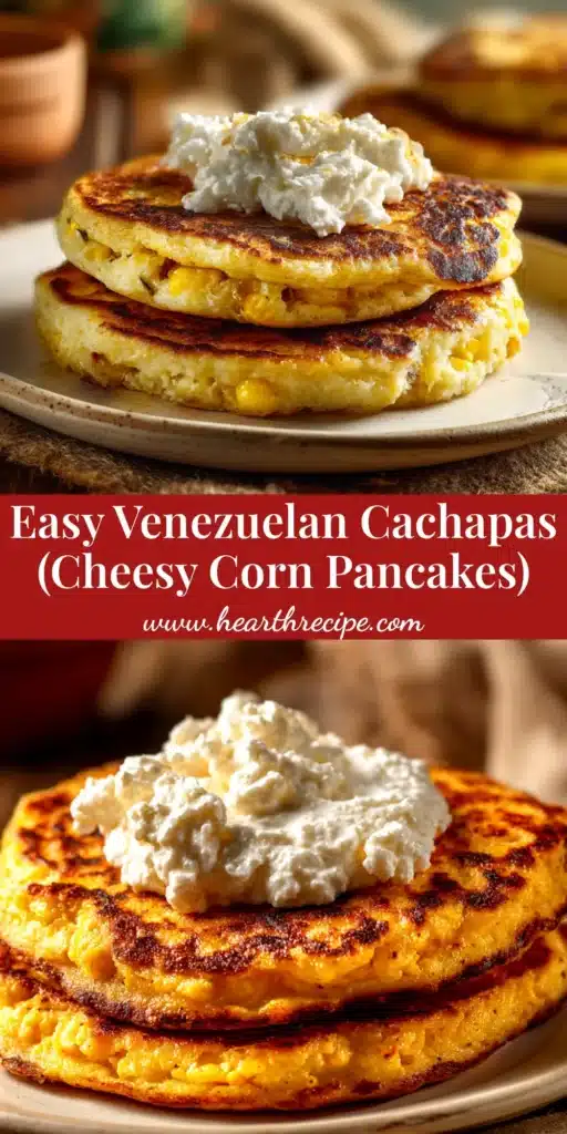 A delicious stack of authentic Venezuelan Cachapas, folded over with melted cheese oozing out, served on a rustic plate. The perfect sweet corn pancakes recipe.