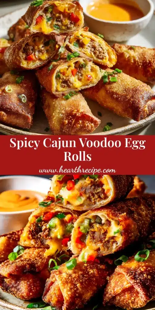 A tall pin image showcasing crispy Voodoo Egg Rolls stacked with text overlay reading 'Voodoo Egg Rolls - RA Sushi Copycat Recipe'.