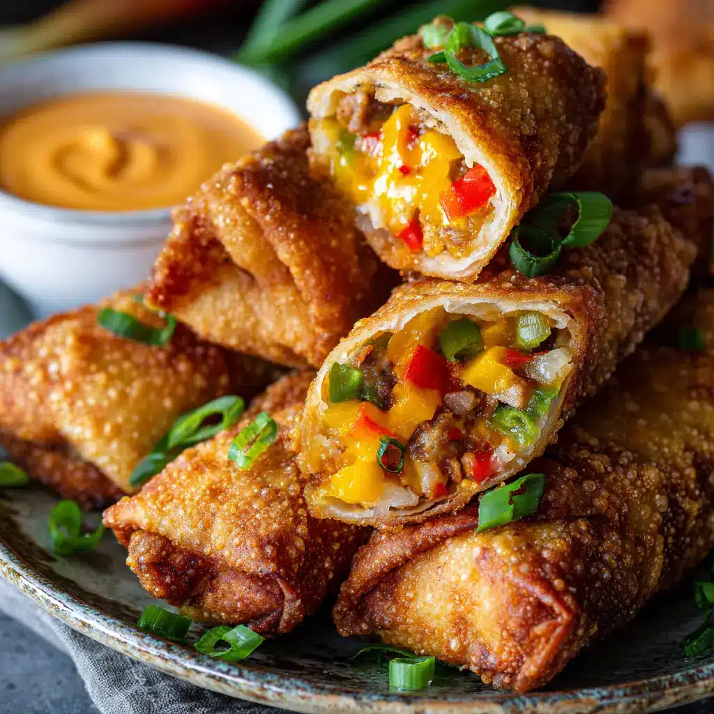 A plate of freshly made Voodoo Egg Rolls served with a side of sweet and tangy dipping sauce, ready to be eaten.