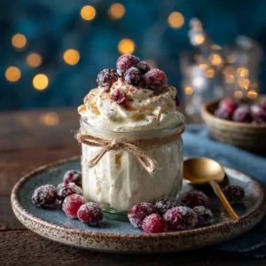 A close-up shot of whipped cranberry butter in a white ceramic bowl, highlighting its light and airy texture.