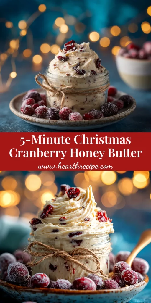 A close-up shot of whipped cranberry honey butter in a small white bowl, garnished with fresh cranberries, with a knife for spreading.