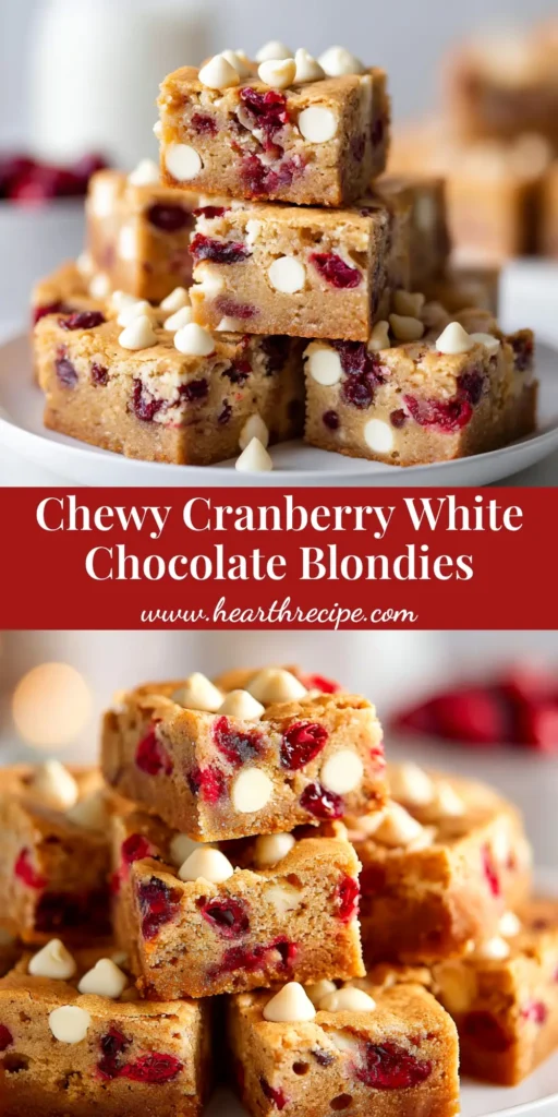 A stack of chewy white chocolate cranberry blondies on parchment paper, with a few cranberries and white chocolate chips scattered around. The perfect easy holiday dessert bar recipe.