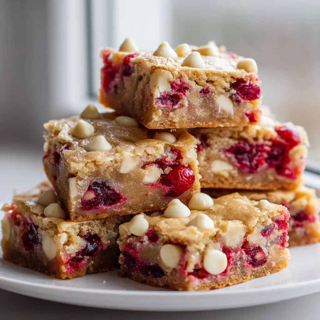 An overhead view of freshly baked white chocolate cranberry blondies cut into squares in a baking pan, ready for serving.
