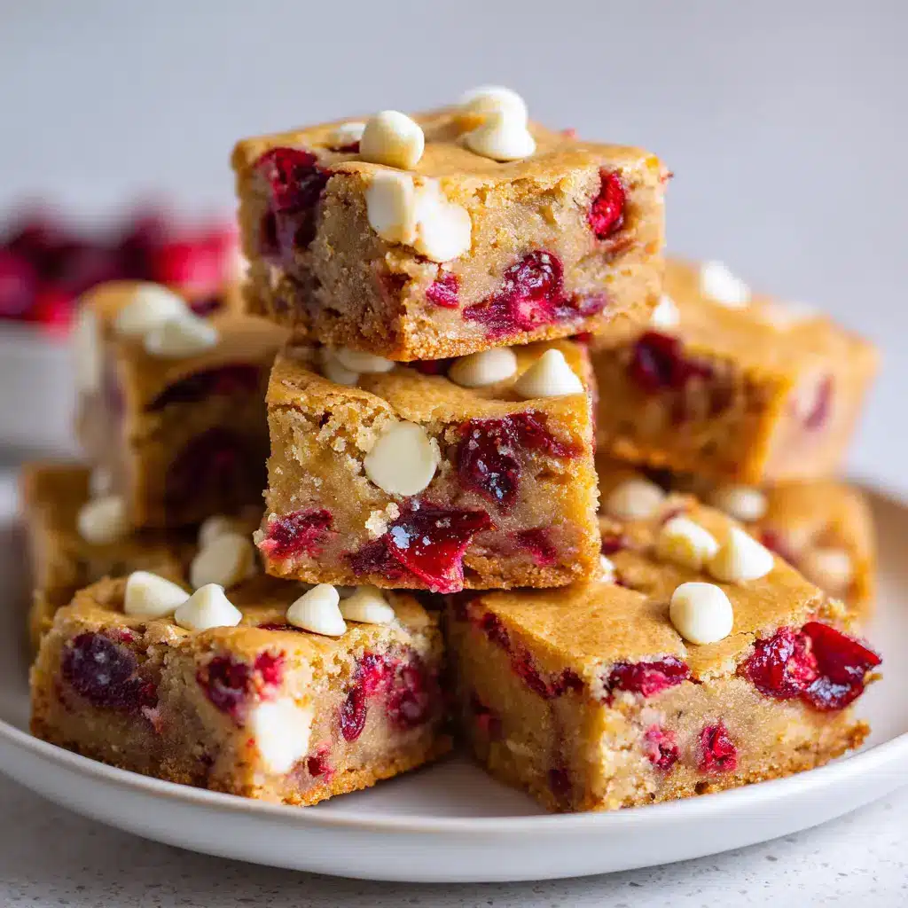 The key ingredients for white chocolate cranberry blondies laid out, including flour, brown sugar, butter, an egg, vanilla, white chocolate chips, and dried cranberries.