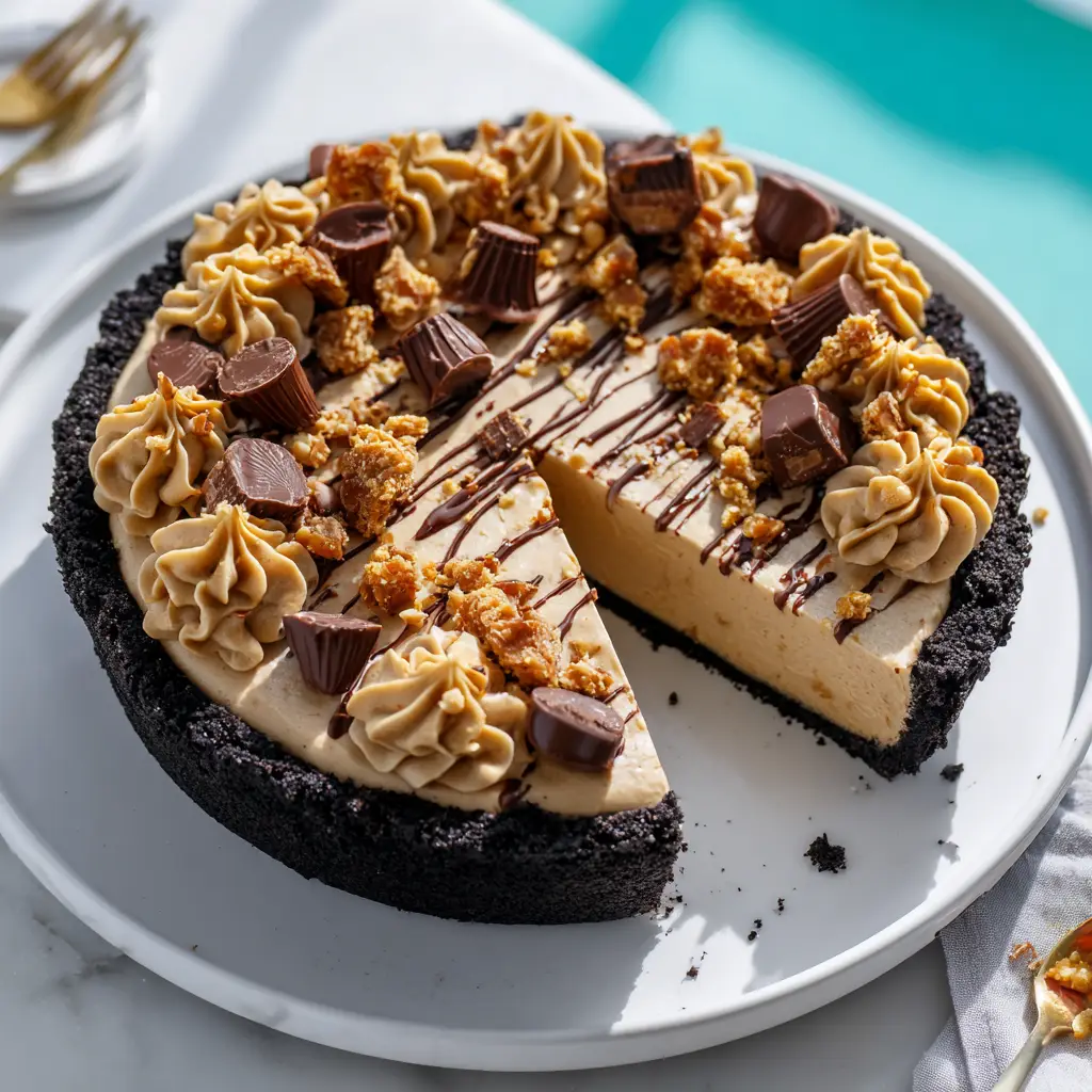 A whole no bake peanut butter pie in a glass dish, beautifully topped with swirls of whipped cream and chocolate shavings.