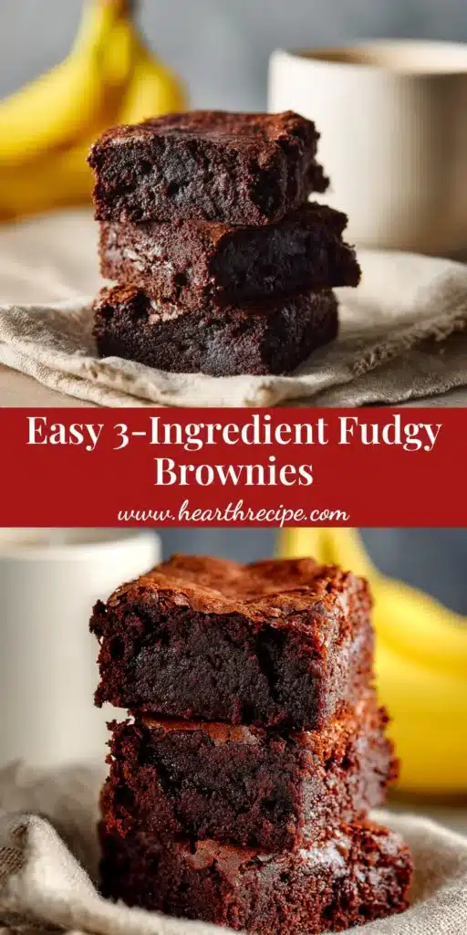 A stack of fudgy 3 ingredient banana brownies on a plate, showcasing their rich, chocolatey texture. The perfect easy and healthy dessert recipe.