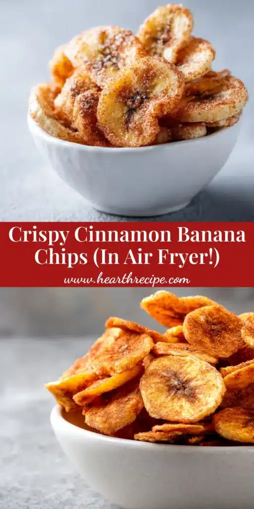 A top-down view of crispy homemade air fryer banana chips spilling out of a white bowl, ready to be eaten as a healthy snack.