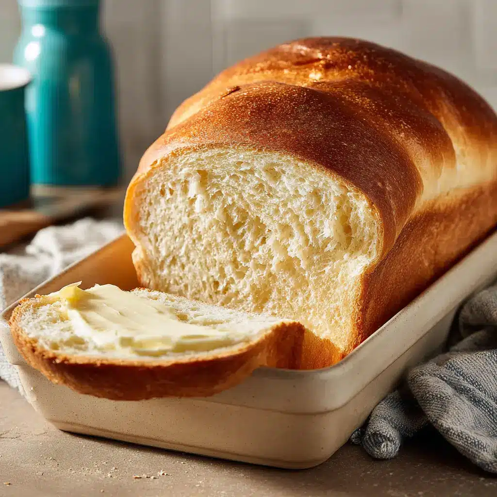 The Amish white bread dough rising in a glass bowl, covered with a kitchen towel, before being shaped.